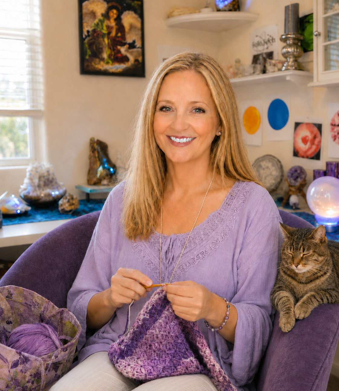 Rosemary crocheting in her meditation room with Sedona