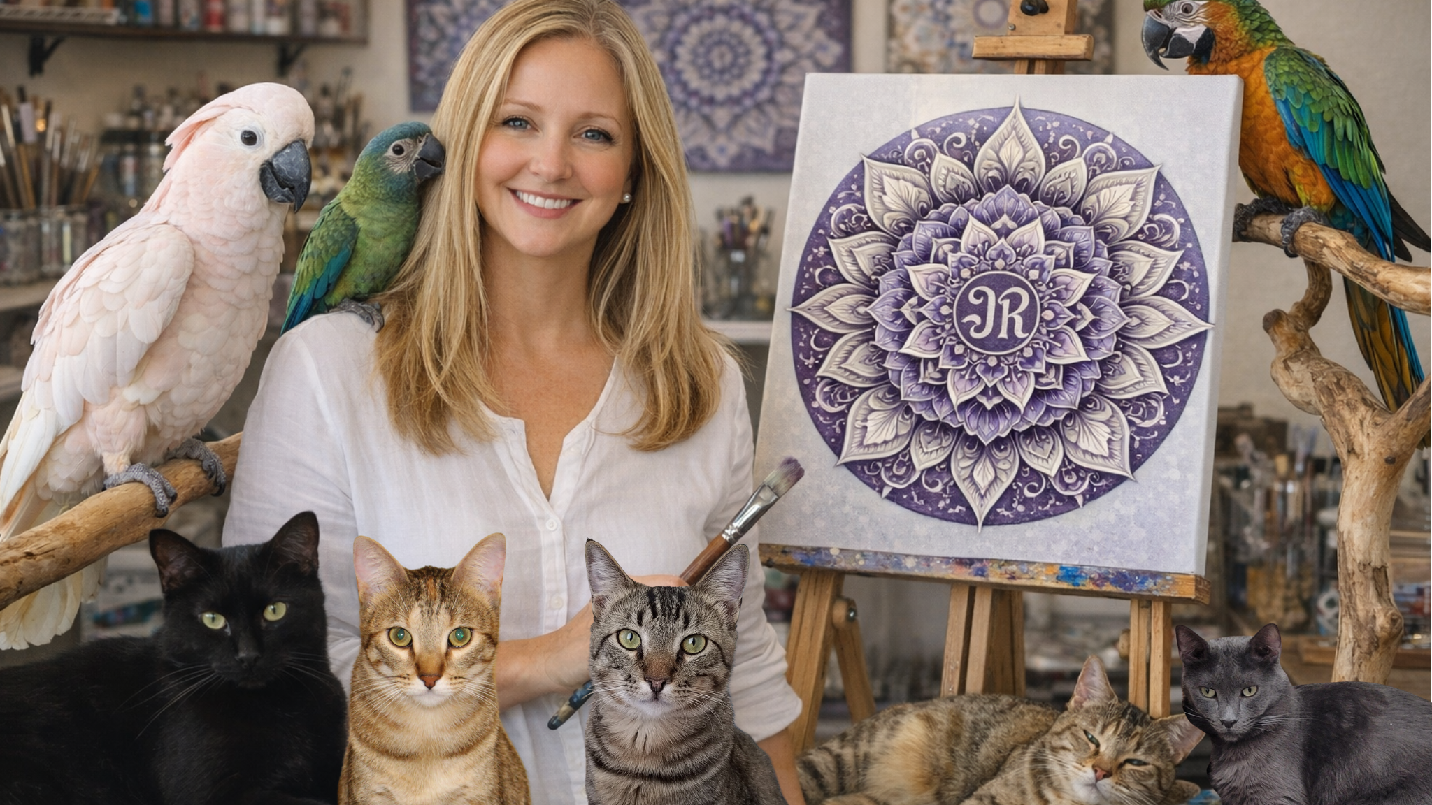 Rosemary with her fur and feather babies in the studio